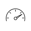 A minimalist black line icon of a speedometer or gauge on a plain white background.