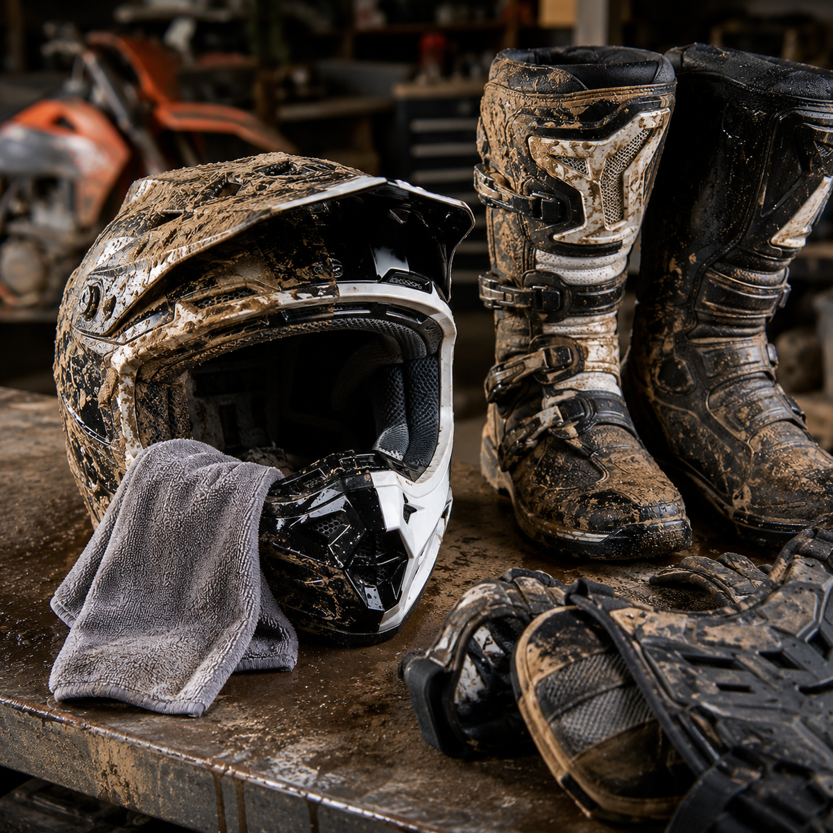 A muddy motocross helmet, matching boots, gloves, and a gray towel arranged on a workbench in a workshop setting.