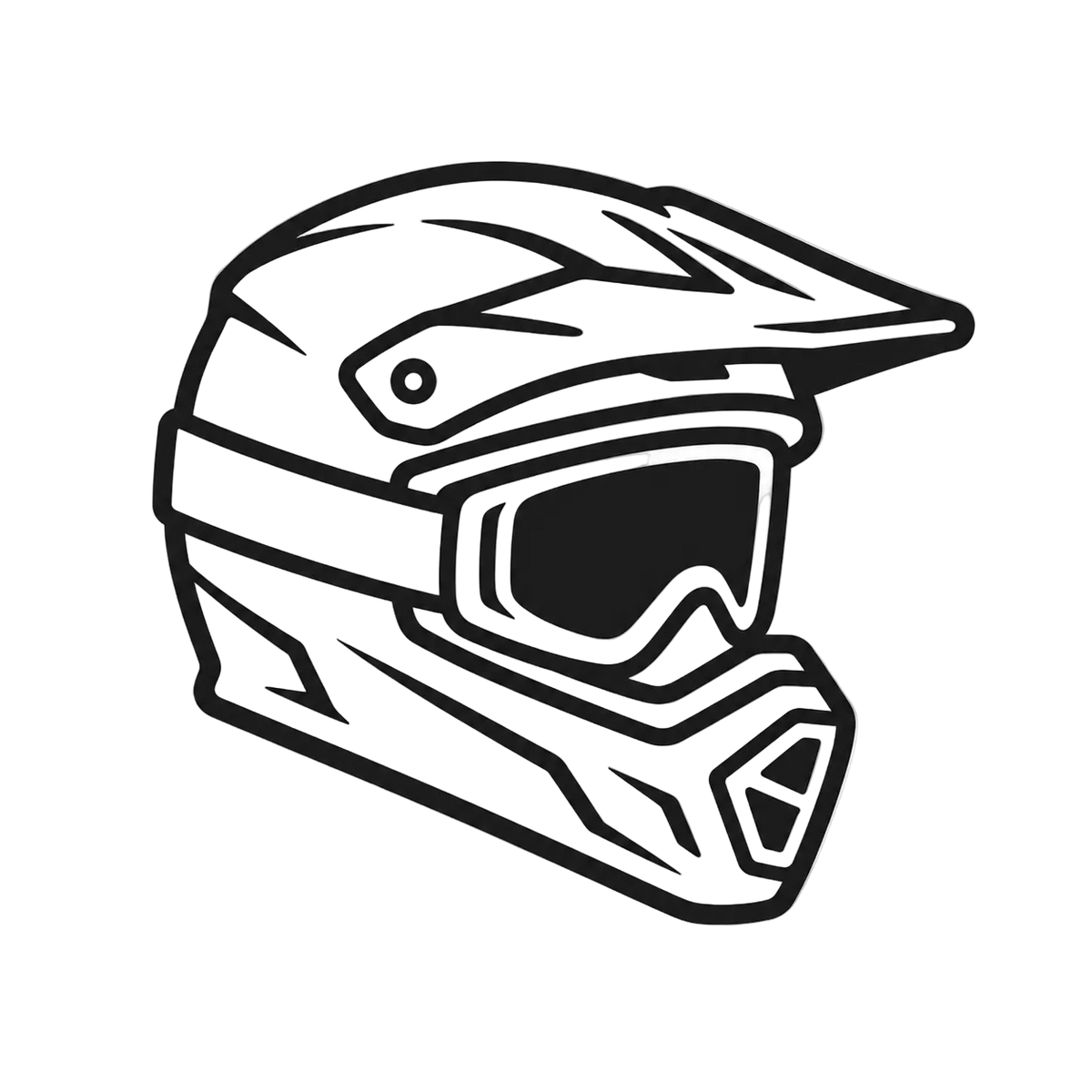 A black and white line art vector illustration of a motocross helmet with goggles, shown on a white background with a faint grid pattern.