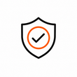 A minimalist vector icon of a shield with a black outline, featuring a central orange circle and a black checkmark, set against a plain white background.