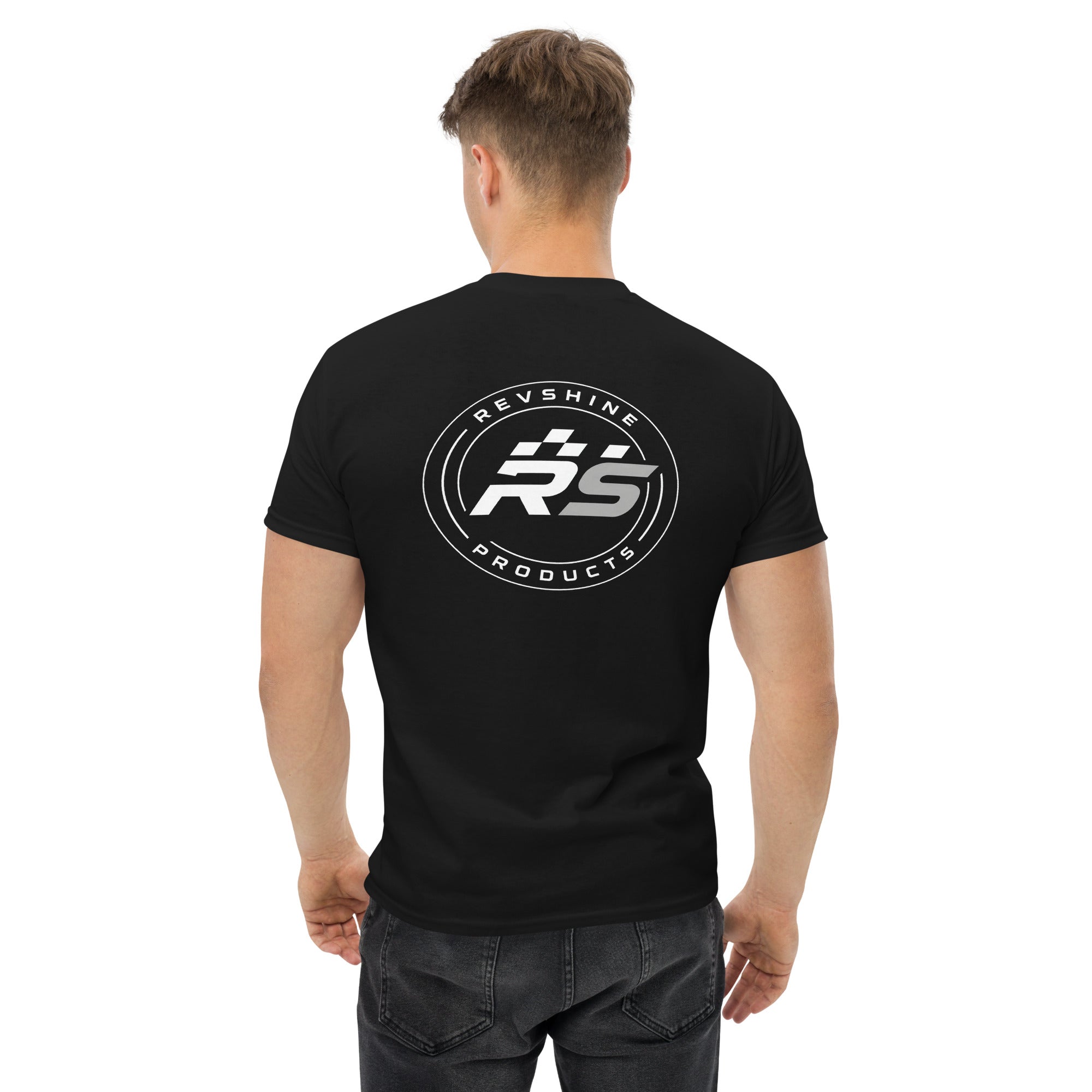 Black RevShine Logo T-Shirt, unisex classic fit with logo on the back, made by RevShine Products.