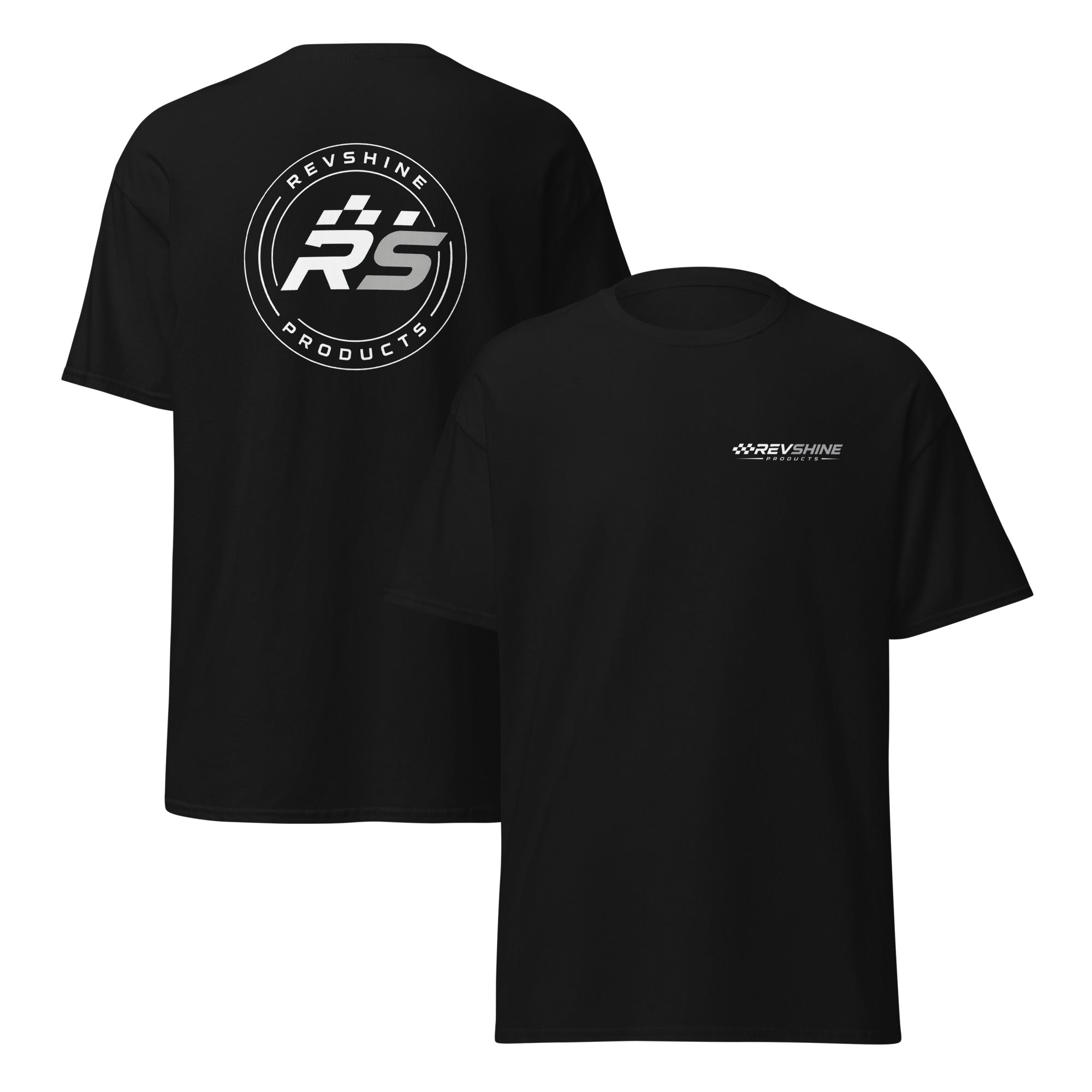 Unisex black RevShine Logo T-Shirt with front and back design, classic fit, made by RevShine Products.