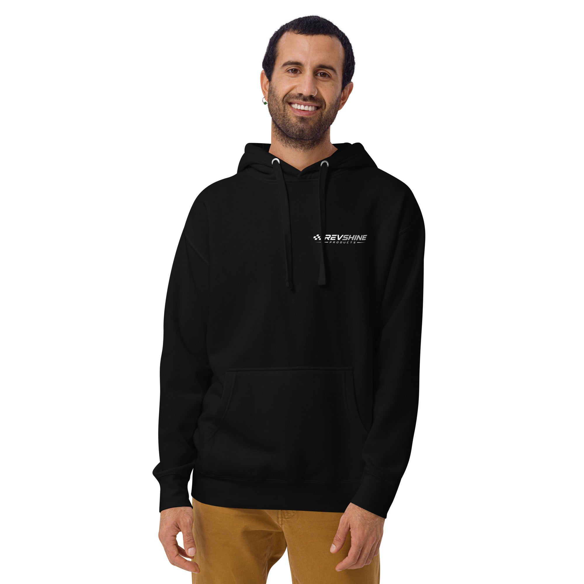 Black RevShine Premium Pullover Hoodie, unisex design with front view showcasing soft fabric and comfortable fit.